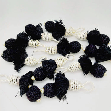 Black Crochet Ball Tassels With White Pearls Beads, Tassel Charms, Nylon Tassels x 2